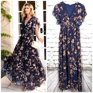 BALTIC BORN Lynlee Floral Smocked Metallic Maxi Dress Boho Romantic Girly Large